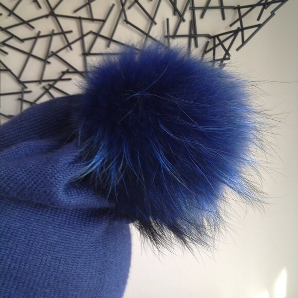 Lindo F Dark Blue Rhinestone Logo Merino Wool Real Fur Pom Pom Hat main image 7